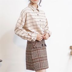 Checkered Plaid Long Sleeve Blouse Shirt – Tomscloth Collared Beige Shirt For Fall, Fall Blouse With Pockets And Collar, Fall Blouse With Collar And Pockets, Casual Beige Office Shirt, Plaid Collared Blouse For Work, Winter Workwear Cotton Blouse, Beige Office Shirt For Fall, Beige Fall Office Shirt, Beige Winter Workwear Shirt