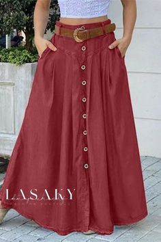 Lasaky - Womens Button-Detailed High-Waisted Skirt with Convenient Pockets - A Versatile Casual Wardrobe Essential Casual Long Skirt, Casual Maxi Skirt, Long Skirt Casual, Denim Shorts Outfit, Maxi Skirt Style, Skirt With Buttons, Spring Skirts, Skirt Maxi