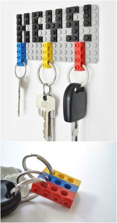 lego key holder made out of lego blocks and keys hanging on the wall with each other