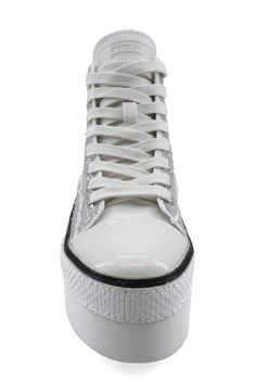 Allover crystals bring dazzling glamour to a sporty high-top sneaker set on a lofty platform sole. 2 1/4" platform Textile upper/leather lining/synthetic sole Imported High-top Sneakers With Chunky Platform And White Sole, High-top Synthetic Sneakers With Thick Bottom, High-top Thick Bottom Synthetic Sneakers, High-top Sneakers With Thick Bottom, Platform High-top Synthetic Lace-up Sneakers, High-top Platform Sneakers In Synthetic Material, Mid-top Synthetic Platform Wedge Sneakers, High-top Synthetic Platform Sneakers, White High-top Platform Wedge Sneakers