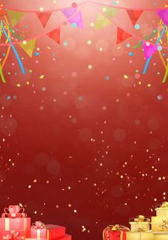 a red background with presents and streamers