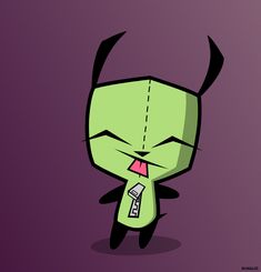 a cartoon character wearing a green shirt and tie with horns on it's head