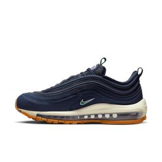 Fast, fluid, refreshing—push your style full speed ahead in the Air Max 97. The iconic design was famously inspired by Japanese bullet trains and water droplets, and this color combo lets you steal the spotlight with illuminating accents and a varsity finish. Airy textiles keep you light on your feet, while Max Air cushioning will keep you going in first-class comfort.Plush and comfortable, Max Air cushioning has just the right amount of support.Synthetic upper keeps the fluid look of the origin Nike Air Max 97 Women, Nike Airmax 97, Navy Nike, Nike Models, Womens Air Jordans, Nike Air Max For Women, Air Max Women, Water Droplets, Nike Air Max 97