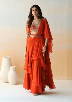 Aman Takyar-Fire Rust Pre-Draped Ruffle Saree Set-INDIASPOPUP.COM Orange Ruffle Saree, Ruffle Lehanga For Women, Ruffle Half Saree, Pre Draped Saree Gown, Ruffle Hands Blouse Designs, Ruffle Saree With Belt, Customised Lehenga, Ruffle Saree Designs, Saree With Belt