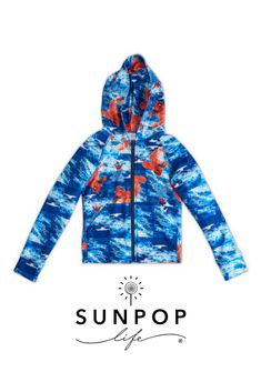 Koi Fish Zip Up Hoodie UPF50+ available in size 2-12 #kidshoodiesboys #kidsjackets #upfsunprotection #popofcolor #orange #koifish #oceanblue #quickdry #moisturewicking #sunpoplife Tell A Story, Koi Fish, Athletic Fits, Zip Up Hoodie, Photo Print