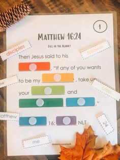 a printable bible study for kids with autumn leaves and pine cones on the table