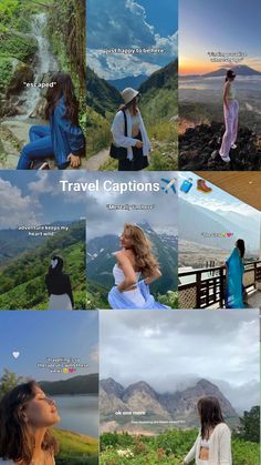 a collage of travel captions with mountains in the background and woman looking out over water