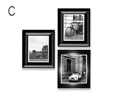 three black and white pictures hanging on the wall with one car parked in front of it