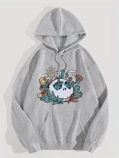 Trendy Floral Skull Print Hoodie: Embrace Winter with Style - Casual H Casual Hooded Sweatshirt, Letter Print Hoodie, Floral Skull, Skull Print, Print Hoodie, Red And Grey, Hooded Sweatshirt, Pullover Hoodie, Sweat Shirt