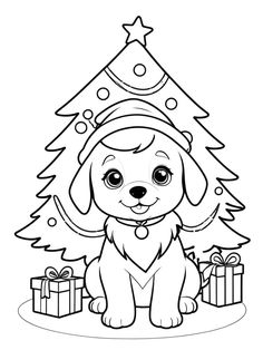 a dog sitting in front of a christmas tree