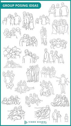 group posing ideas coloring page for adults and children, with pictures of people in the background