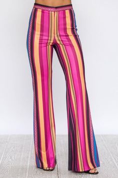 Demi Flare Scuba Multi-Colored Strip Print Pant - STEVEN WICK Tie Up Crop Top, Print Pant, Crochet Pants, 70s Inspired Fashion, Cute Pants, Island Vibes, Pants Large, Online Fashion Boutique, Fashion Design Clothes