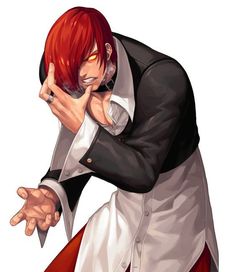 an anime character with red hair is holding his hand to his face