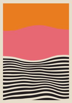 an orange, pink and black abstract painting with wavy lines on the bottom half of it