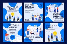 four square banners for start your business with people working on computers and talking to each other