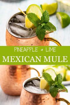 two copper mugs filled with pineapple lime mexican mule