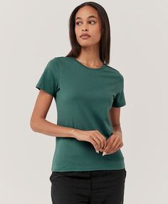 Women’s Softspun Crew Neck Tee made with Organic Cotton | Pact Sporty Fitted Everyday T-shirt, Green Fitted Casual T-shirt, Casual Fitted Green T-shirt, Green Stretch Classic Top, Classic Green Stretch Top, Everyday Green Crew Neck Short Sleeve Top, Green Crew Neck Short Sleeve Top For Everyday, Green Crew Neck Short Sleeve Top, Green Fitted Crew Neck T-shirt