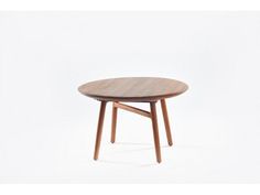 a small wooden table with two legs and a round top on white background, side view