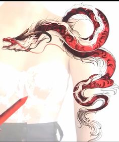 a woman holding a knife in front of a red and white dragon on her back