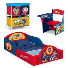 three children's beds and desks with paw patrol characters on them, including a chair