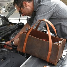 Leather Tool Bag: Spacious & Sophisticated | Garrett Wade Leather Tool Bags, Leather Tool Bag, Canvas Tool Bag, Tool Tote, Diy Leather Projects, Hand Sewn Leather, Tooled Leather Bag, Tool Bags, Heavy Bags