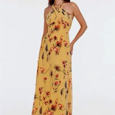 The Brenna Dress From Dress The Population. Featuring A Cross Front Halter Neckline And A-Line Silhouette, This Vintage Floral Bouquet Print Maxi Dress Boasts A Romantic And Timeless Style, It's Perfect For Special Occasions. Beautiful Canary Yellow With Muted Blues And Reds. Size Small; Floor Length. Never Worn, Has All Tags Attached And In Original Packaging. Brand New! Perfect Condition! Ordered Multiple Dresses To Try For Summer Wedding ; This One Really Beautiful And Super Flattering; But D Yellow Floral Print Halter Neck Dress, Yellow Floral Print Halter Neck Maxi Dress, Yellow Halter Neck Maxi Dress For Spring, Casual Yellow Halter Neck Maxi Dress, Yellow Flowy Halter Neck Dress, Yellow Halter Neck Dresses For Spring, Flowy Yellow Halter Neck Dress, Yellow Halter Neck Dress For Brunch, Vintage Floral Bouquet