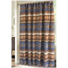 an image of a shower curtain with blue and brown patterns on it's side