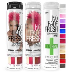 PRICES MAY VARY. ✂ SALON FRESH COLOR…EVERY DAY! Meet No Fade Fresh! Bond Rebuilding Semi-Permanent Direct Dye High Color Depositing Shampoos and Conditioners, the ultimate solution for at-home hair color and color care. Use between permanent hair color applications to keep color fresh. Owned & formulated by women, created & perfected by professional hair colorists, based on salon technology for safely refreshing bleached & color-treated hair. 🚿 CREATE THE PERFECT COLOR, CLEANSE, CONDITION AND R Hot Pink Hair Color, Best Shampoo For Red Dyed Hair, Pink Temporary Hair Color, Color Depositing Shampoo Pink, Restore Hair Health, Redken Purple Shampoo, Healthy Hair Colors, Best Purple Shampoo, Color Depositing Shampoo