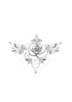 a black and white drawing of a rose with leaves on it's back side