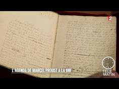 an open book with writing on it and a clock in the background that reads, la agenda de mardeli proust a la bm