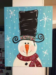 a painting of a snowman with a hat and scarf on it's head