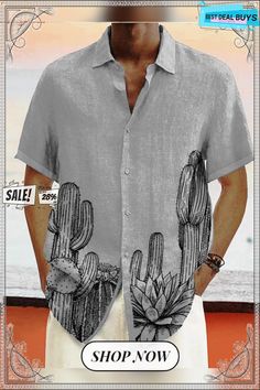 Men's Linen Shirt Summer Shirt Beach Shirt Turndown Summer Short Sleeve White Pink Blue Cactus Casual Daily Clothing Apparel Print Casual Hawaiian Shirt With Casual Collar For Vacation, Casual Summer Tops With Plant Print, Casual Tops With Printed Casual Collar, Casual Camp Shirt With Pockets For Vacation, Summer Casual Hawaiian Shirt, Casual Printed Hawaiian Shirt With Relaxed Fit, Casual Short Sleeve Shirt With Plant Print, Casual Summer Shirt With Plant Print, Casual Printed Tops With Camp Collar