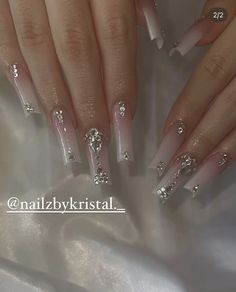 Silver Prom Nails Square, Medium Silver Nails, Prom Nails Diamonds, Silver And White Nails Prom, White Acrylics With Rhinestones, Silver Nails Bling, Simple Nails Silver, Silver Quince Nails, Silver Nails With Gems