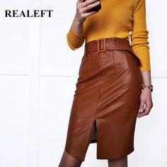 Spring PU Leather Elegant Pencil Midi Skirt – lastrafashion Elegant Leather Skirt With Belt Loops, Elegant Knee-length Faux Leather Pencil Skirt, Elegant Faux Leather Pencil Skirt For Fall, Elegant High Waist Skirt With Belt, Fitted Office Skirt With Belt, Fitted Belted Skirt For Fall, Winter Fitted Belted Skirt, Fitted Winter Skirt With Belt Loops, High Waist Pencil Skirt For Office In Winter