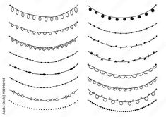 a set of hand drawn garlands with lights and stars on them, in black ink