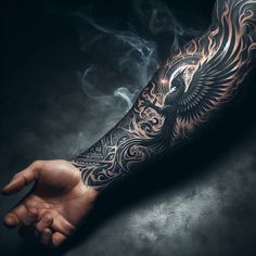 Ai Art! Phönix Tattoo Forearm, Sleeve And Hand Tattoo For Men, Phoenix Leg Tattoo Men, Forearm Tattoo Men Sleeve Design, Long Sleeve Tattoo Men, Coverup Tattoo Ideas For Men Forearm, Mens Elbow Tattoo Ideas, Fenix Tattoo Men, Forearm Phoenix Tattoo For Men