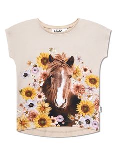 blush pink/multicolour stretch-cotton jersey texture graphic print to the front mini logo tag crew neck sleeveless straight hem Beige T Shirts, Baby Top, Chic Flowers, Horse T Shirts, Horse Designs, Designer Kids Clothes, Horse Print, Eco Friendly Fabric, Pink Tshirt