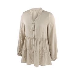 Apricot Button Pleated Long Sleeve Blouse Beige Button-up Solid Color Top, Beige Solid Color Button-up Top, Casual Beige Blouse With Buttons, Beige Long Sleeve Blouse With Button Closure, Beige Button Closure Blouse For Spring, Spring Beige Blouse With Button Closure, Beige Blouse With Button Closure For Spring, Button-up Beige Blouse With Button Cuffs, Beige Button-up Blouse With Buttons