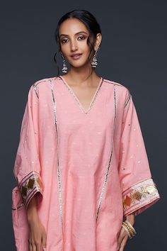 Peach kaftan with gota applique embroidery in jamdani base. - Aza Fashions Festive Pink Kaftan With Mirror Work, Pink Kaftan With Dabka Work For Navratri, Pink Dabka Work Kaftan For Navratri, Festive Pink Tunic, Pink Kaftan With Chikankari Embroidery, Traditional Pink Tunic For Festive Occasions, Kaftan Women, Kaftan For Women, Applique Work