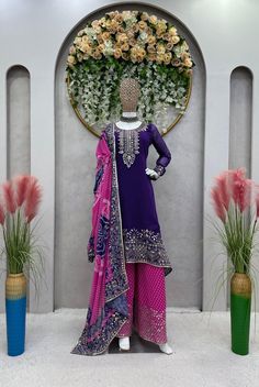 Indian Ethnic Palazzo Suit Set, Festival Wear Stylish Partywear Salwar Kameez Semi-stitched Purple Georgette Palazzo Set, Traditional Palazzo Set With Dabka For Party, Purple Palazzo Set With Dabka Work And Straight Kurta, Purple Georgette Palazzo Set With Straight Kurta, Bollywood Purple Palazzo Set For Diwali, Purple Mirror Work Palazzo Set For Eid, Wedding Purple Dabka Palazzo Set, Party Straight Kurta With Dabka, Bollywood Style Purple Palazzo Set With Mirror Work