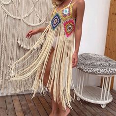 Dress Your Swimsuit Up On Your Next Beach Vacay Or Your Poolside Party This Coverup Will Be A Hit. Beautiful Crochet And Fringe. This Can Also Be Worn Has A Top With Your Jean Shorts Or Pants Either Way It Will Be Sure To Land You Compliments. Brand New Size Large. Bust Approximately 37 Inches And Length 40 Inches. Bohemian Swimwear For Beach Party, Bohemian Party Swimwear For Beach Season, Bohemian Multicolor Sleeveless Swimwear, Bohemian Multicolor Swimwear, Bohemian Party Swimwear For Summer, Beachy Party Dress For Beach Season, Beachy Party Beach Dress, Bohemian Sleeveless Swimwear For Festivals, Summer Hippie Multicolor Swimwear