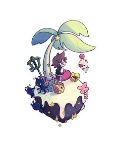 an image of a cartoon character sitting on top of a piece of cake with plants and animals around it