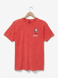 Spice up your look with this KFC-inspired tee! Featuring an embroidered design of Colonel Sanders above "KFC" lettering  this shirt includes a mineral wash backdrop  perfect for picnics  parties  and beyond.A BoxLunch Exclusive!CottonListed in unisex sizesWash cold with like colors; dry lowImported Casual Embroidered Graphics T-shirt For Fans, Casual T-shirt With Embroidered Graphics For Fans, Casual Red T-shirt With Embroidered Graphics, Kfc Colonel Sanders, Hamburger Menu Icon, Top Gifts For Women, Colonel Sanders, Disney Wish, Right Arrow Icon