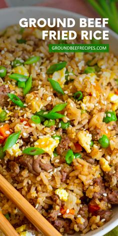 ground beef fried rice in a white bowl with chopsticks and green onions on the side