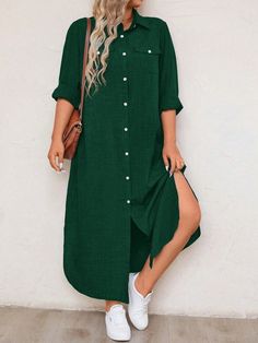 Plus Size Women's Spring & Summer Solid Color Long Sleeve Loose Casual Long Shirt Dress Dark Green Casual  Long Sleeve Woven Fabric Plain Shirt Slight Stretch  Women Plus Clothing, size features are:Bust: ,Length: ,Sleeve Length: Long Fitted Dresses, Pyjama Satin, Vest Coat, Long Shirt Dress, Plain Shirts, Roll Up Sleeves, Inspiration Mode, Long Shirt, Fashion Online Shop