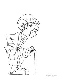 an old man is holding a cane and looking at something in his hand coloring page