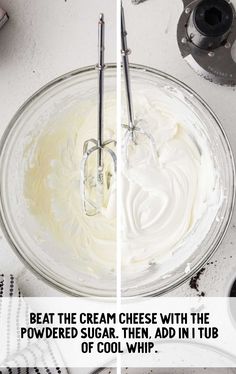 two pictures showing how to make whipped cream in a bowl with an electric beater