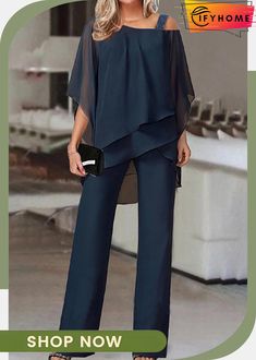 Casual Solid Patchwork Oblique Collar Two Pieces(5 Colors) Fashion Over 50 Fifty Not Frumpy, Socialite Style, Chiffon Fashion, Jumpsuit Elegant, Bat Sleeve, فستان سهرة, Fashion 2024, Fashion Over 50, Aaliyah