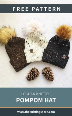 three knitted pompom hats with pine cones on top and the text free pattern