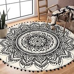 Uphome Boho Round Rug for Bedroom 4' Circular Beige and Black Area Rug with Pom Poms Fringe Washable Mandala Accent Throw Rugs Non-Slip Soft Floor Mat for Living Room Sofa Kids Room Nursery Thick Rug, Boho Bathroom Rug, Soft Floor, Laundry Room Rugs, Rug For Bedroom, Boho Bathroom, Beige And Black, Modern Carpet, Black Area Rugs